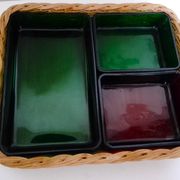 Set with appetizers, wicker tray and 3 colored glass ramekins