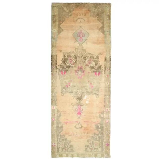 1970s Vintage Turkish Hand-Knotted Wool Cotton Orange Runner Rug 197x613