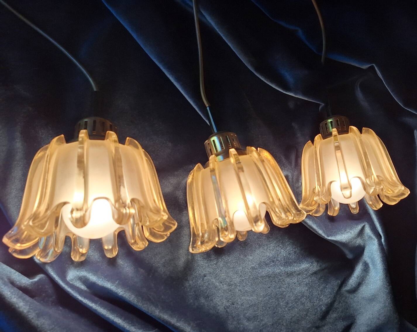 Set of 3 Doria pendant lights in amber-coloured frosted glass, 1960s