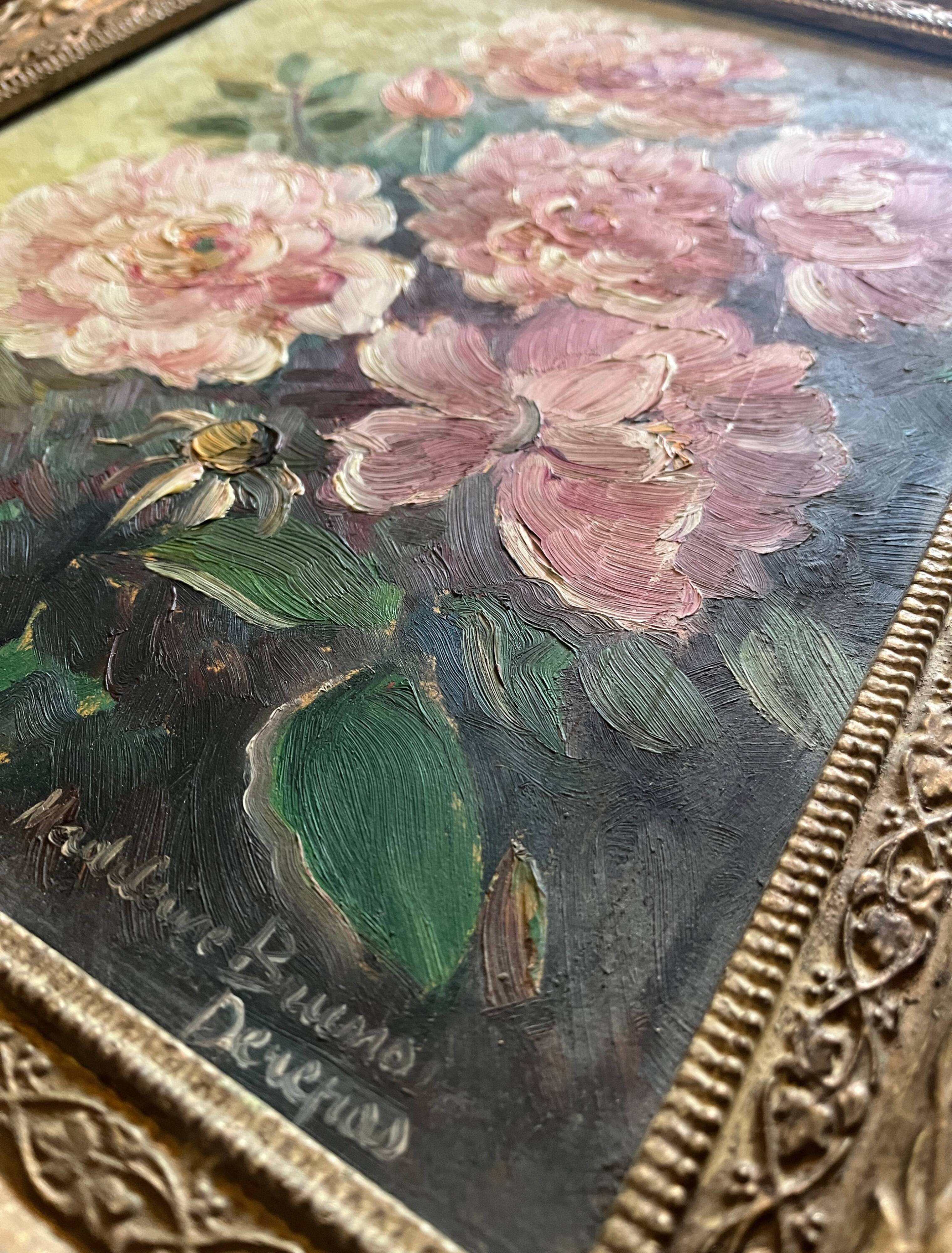 HSP Garden Roses painting signed Madeleine Bruno Derepas + frame