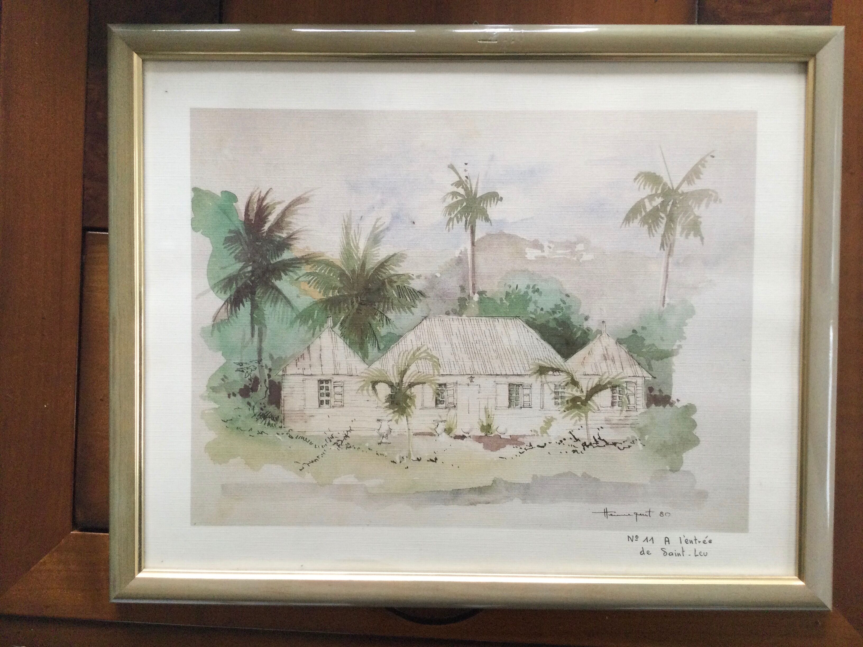 Framed watercolor by F. Hennequet - Reunion Island, At the entrance of Saint-Leu