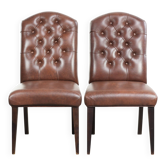 Set of 2 cognac-coloured vintage cow leather chesterfield dining chairs