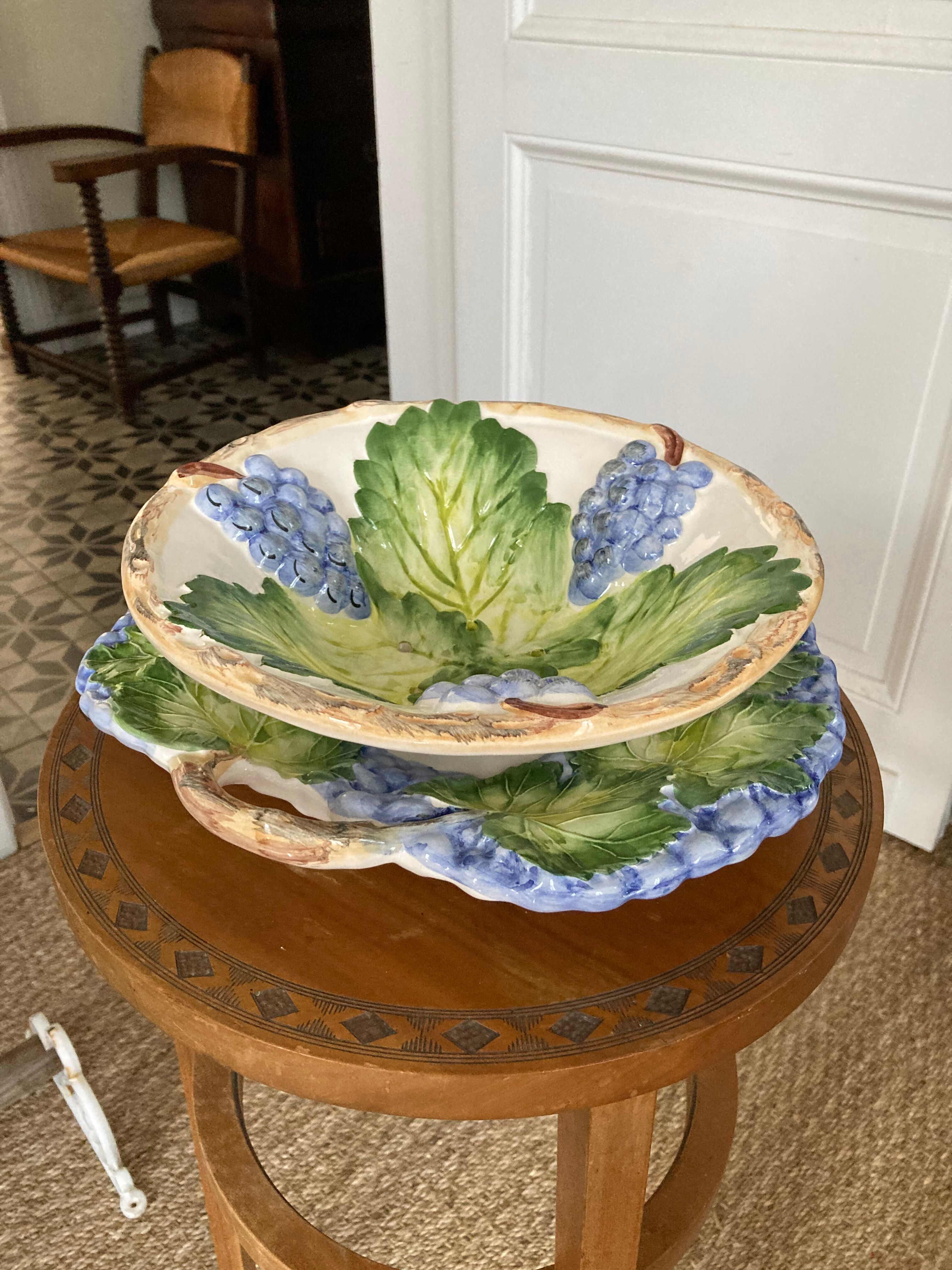 Grape slip compotier with plate - vintage majolica style ceramic drainer
