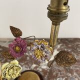 Lamp, Capodimonte, porcelain flowers, polychrome, brass leaves, cherry marble base, lampshade