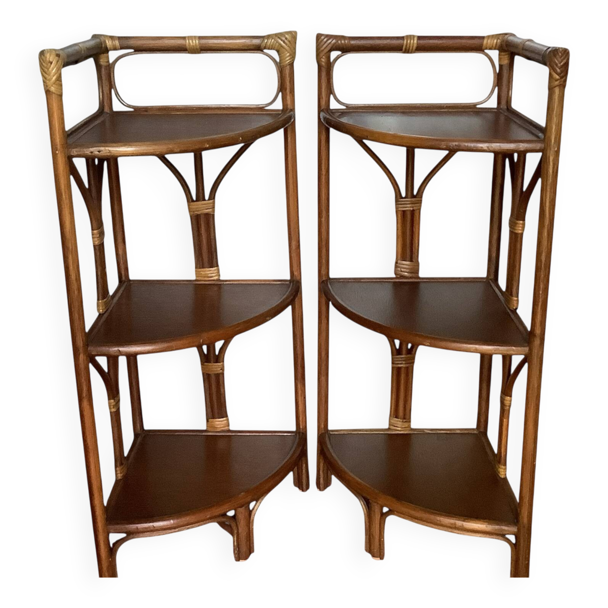 Pair of vintage rattan corner shelves