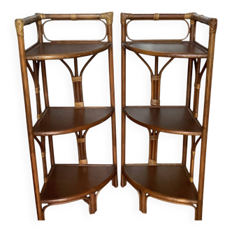 Pair of vintage rattan corner shelves
