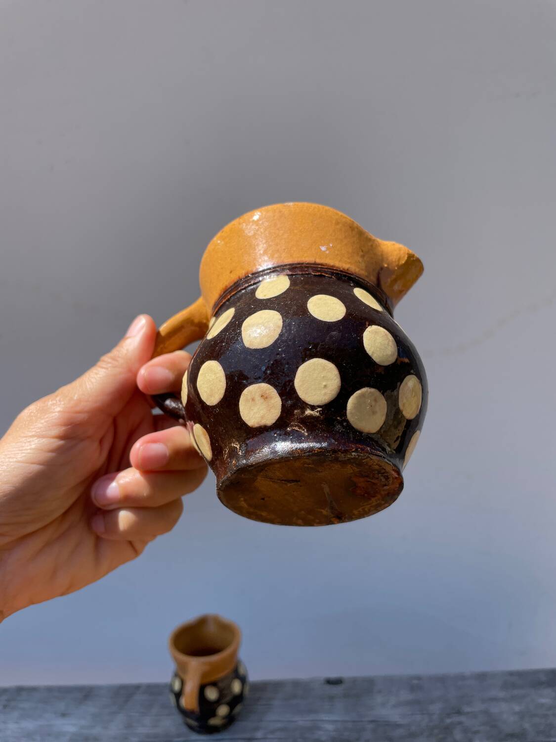 Duo of small Italian polka dot jars