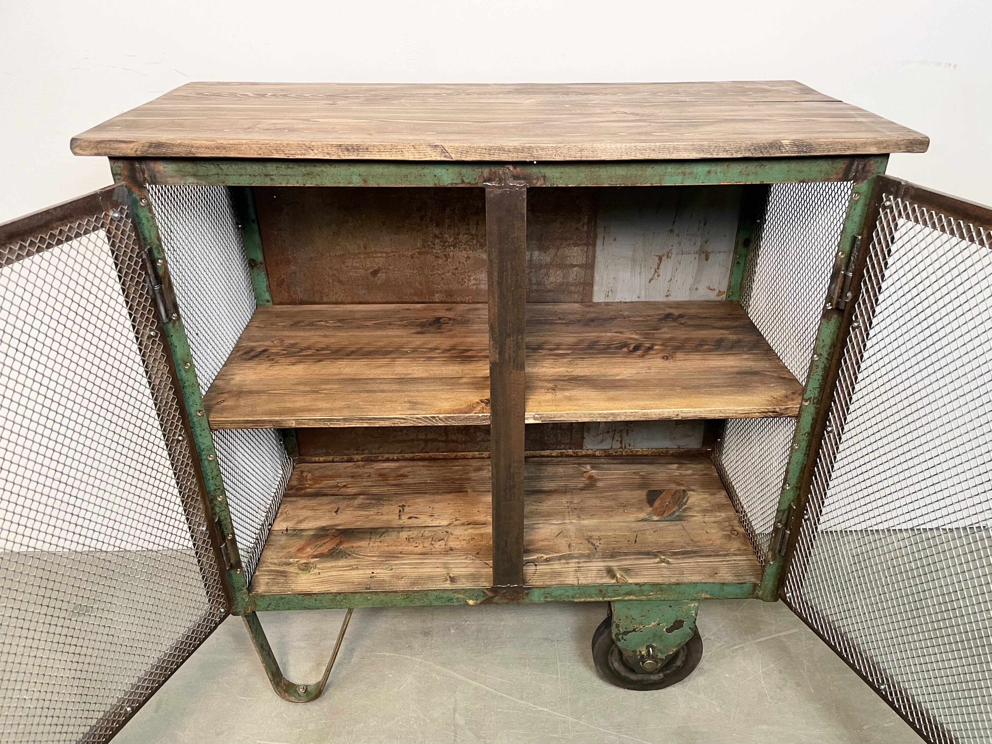 Industrial Iron Cabinet with Mesh Doors on Wheels, 1960s