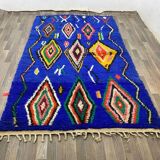 Handmade blue Moroccan rug, decorated, 250cm x 150cm