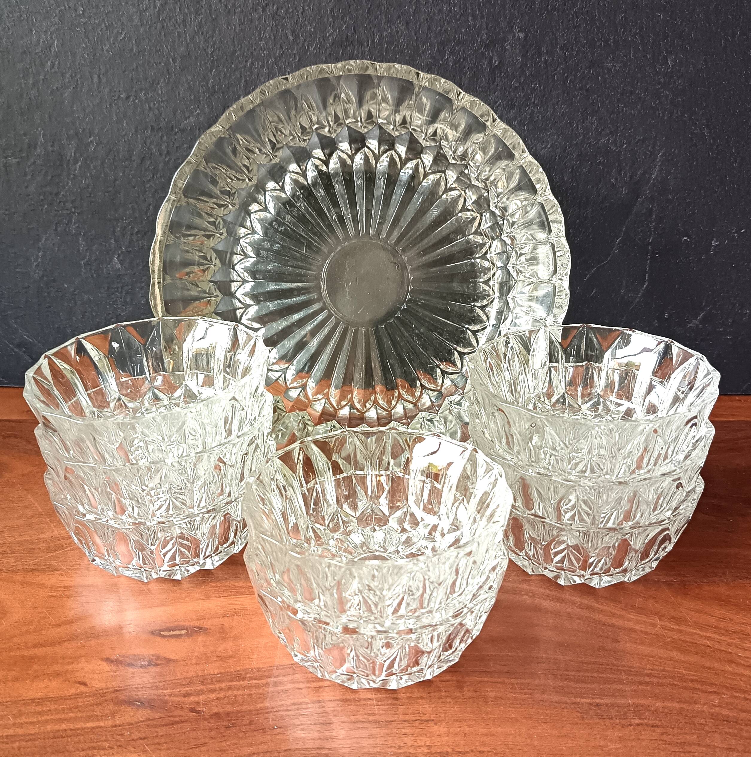 Transparent glass dessert service, vintage salad bowl France.