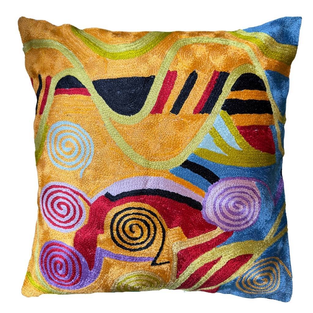 Housse de coussin brodée main en soie, art moderne, motif spirales