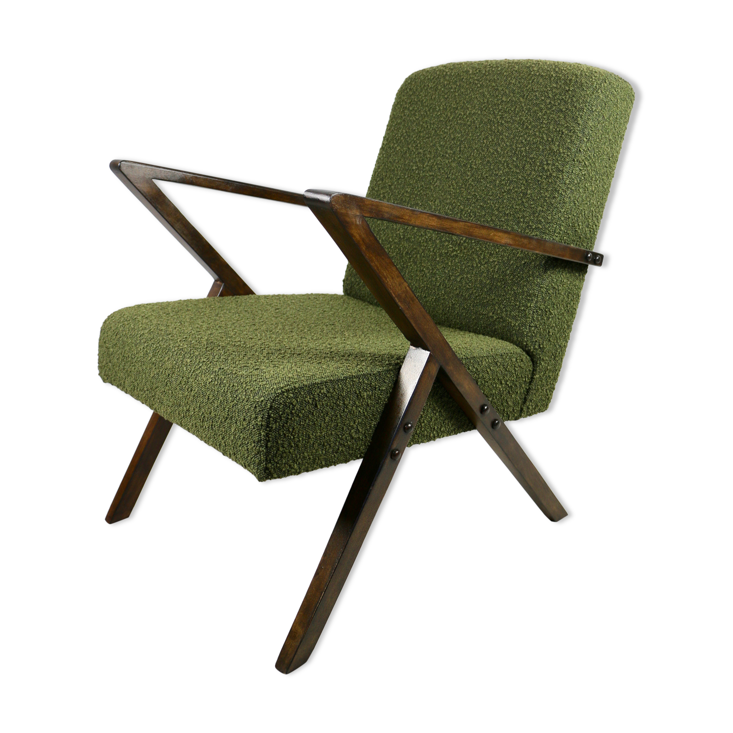 Fauteuil boucle vintage vert olive, années 1970