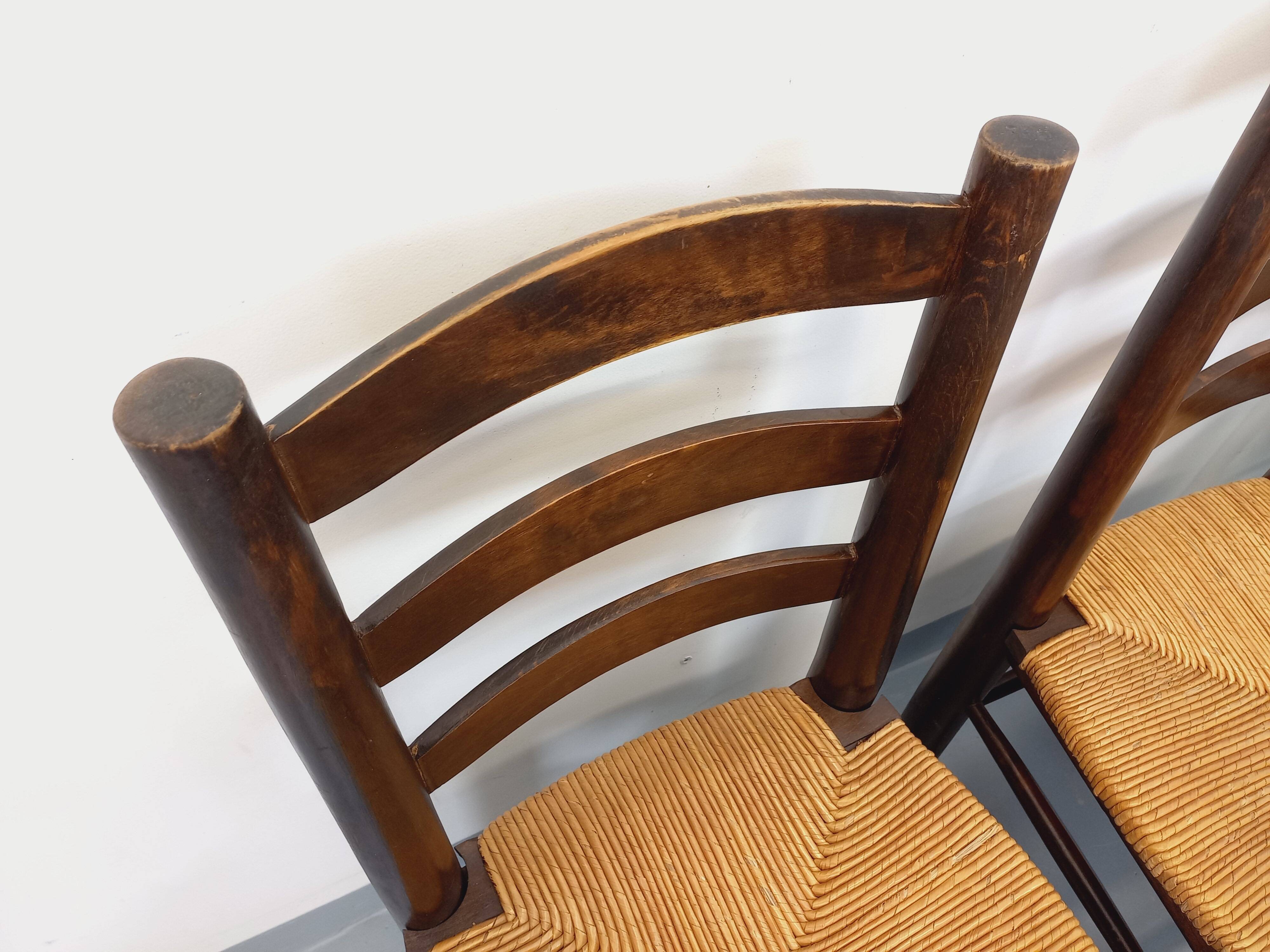Set of 6 vintage brutalist chairs by Georges Robert in straw wood from the 1960s.