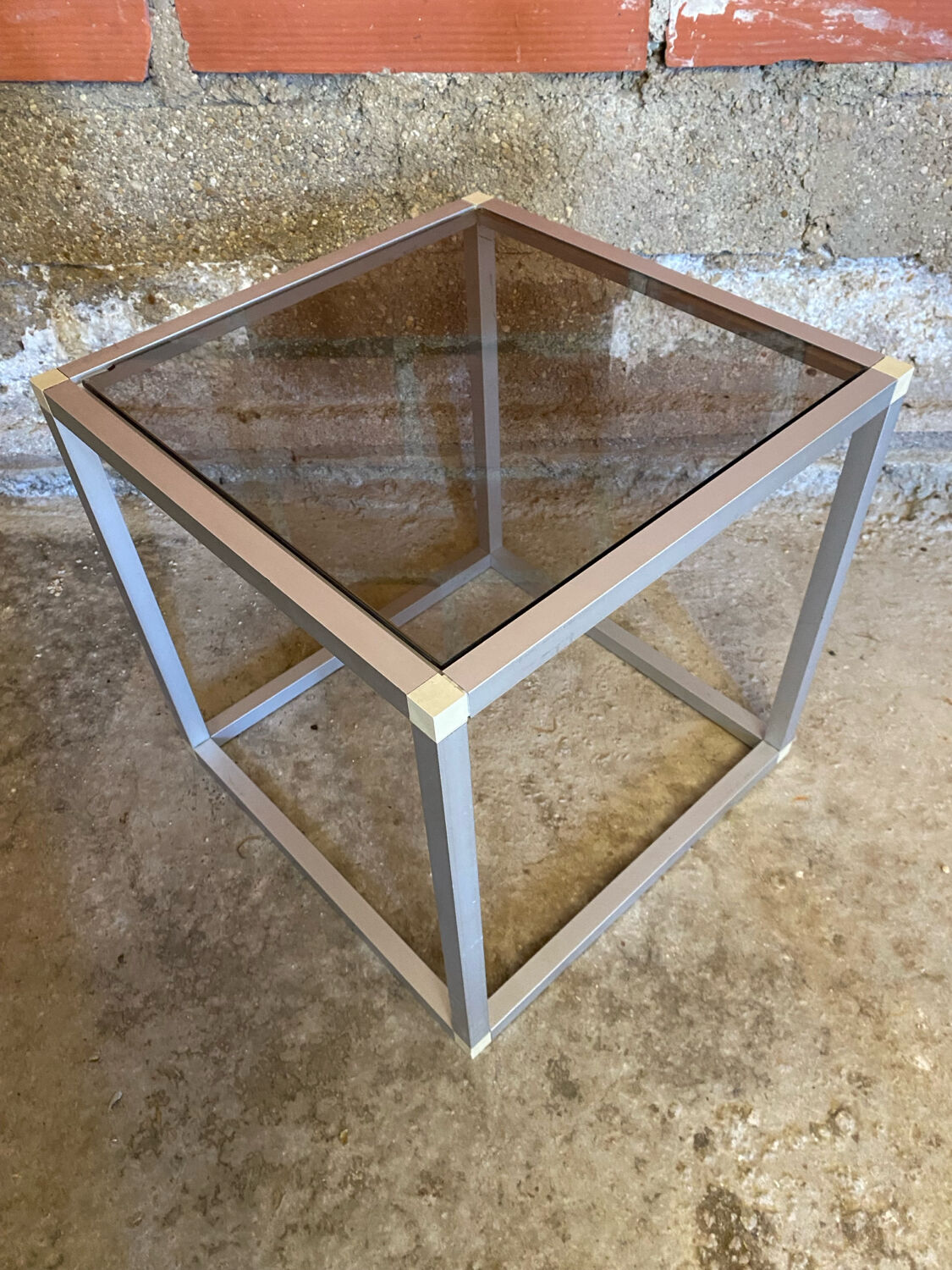 Vintage Cube Coffee Table, Aluminum + Smoked Glass, 1980s