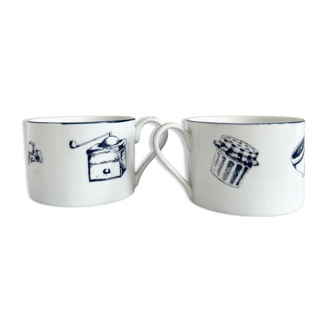 Pair of bistro style cup white porcelain blue border breakfast pattern