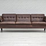 Années 1970, canapé classique danois 3 places, cuir marron d'origine.