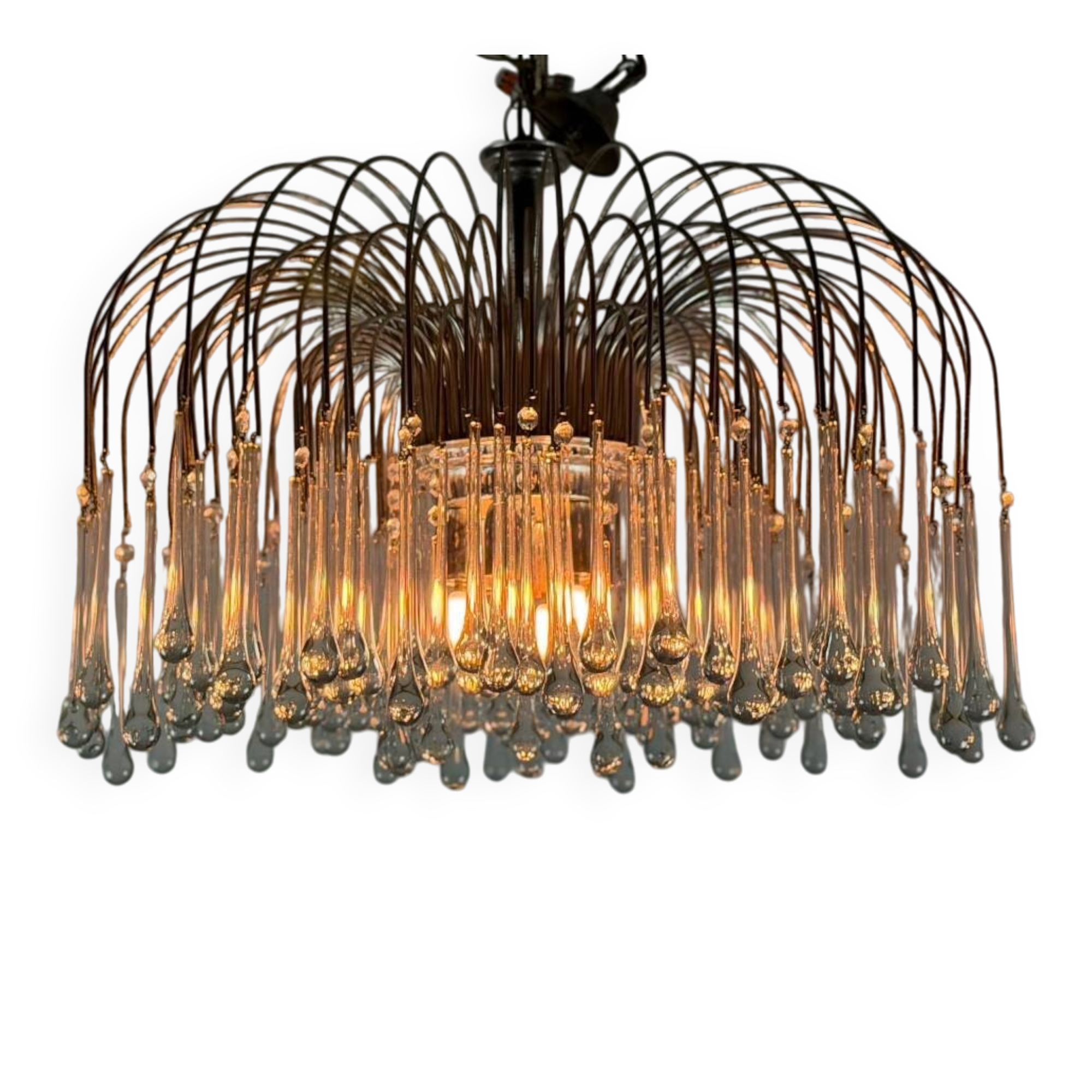 Pair of large chandeliers adorned with glass drops, chrome metal structures, Italy circa 1960.