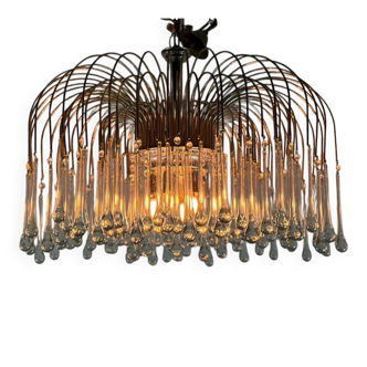 Pair of large chandeliers adorned with glass drops, chrome metal structures, Italy circa 1960.
