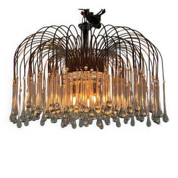 Pair of large chandeliers adorned with glass drops, chrome metal structures, Italy circa 1960.