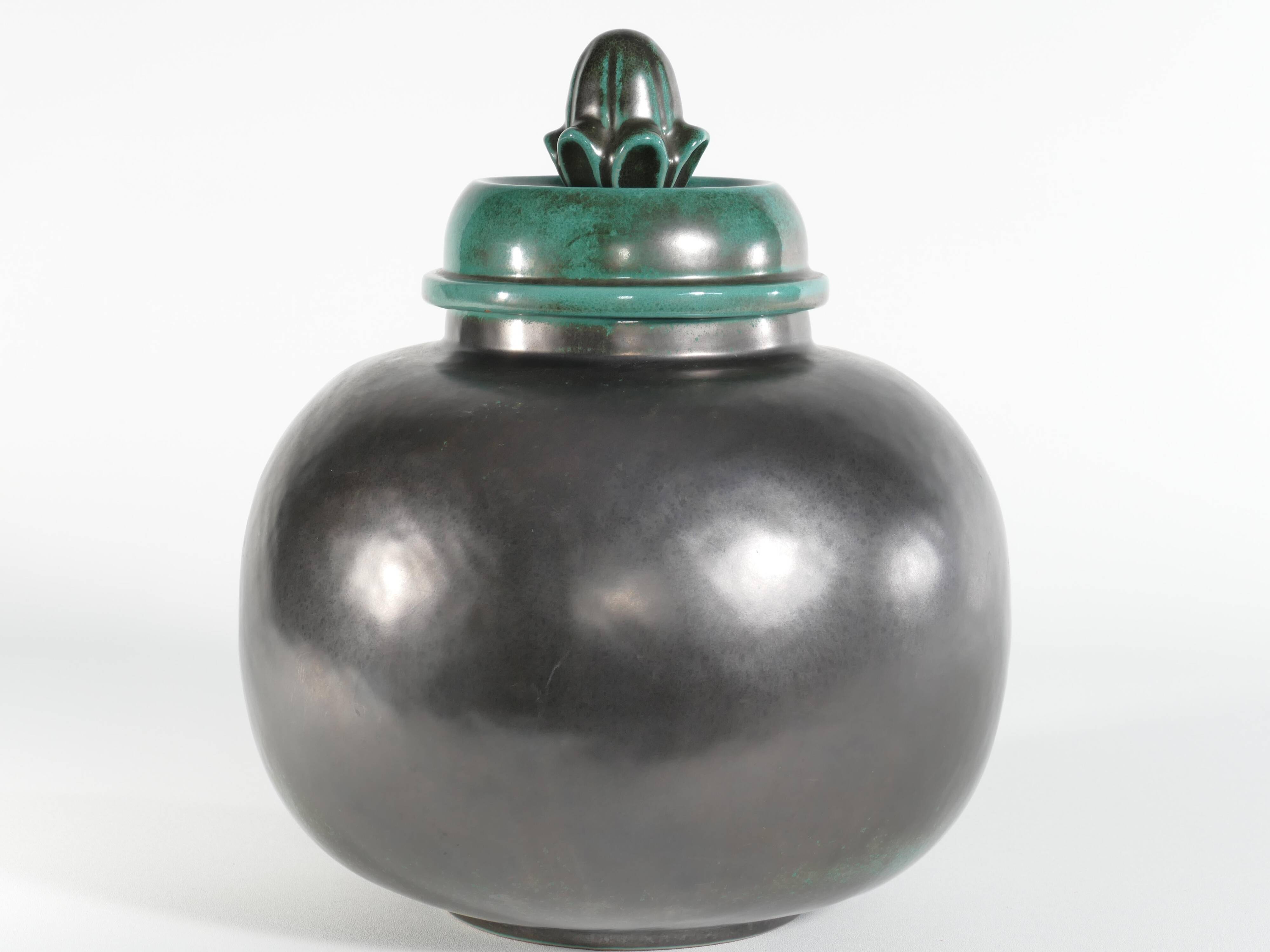 Large Art Deco Green Lidded Jar by Anna-Lisa Thomson for Upsala-Ekeby, 1930's