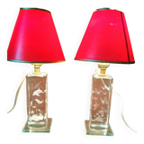Pair of transparent glass bedside lamp bases - rectangular hologram lamp