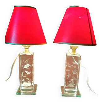 Pair of transparent glass bedside lamp bases - rectangular hologram lamp