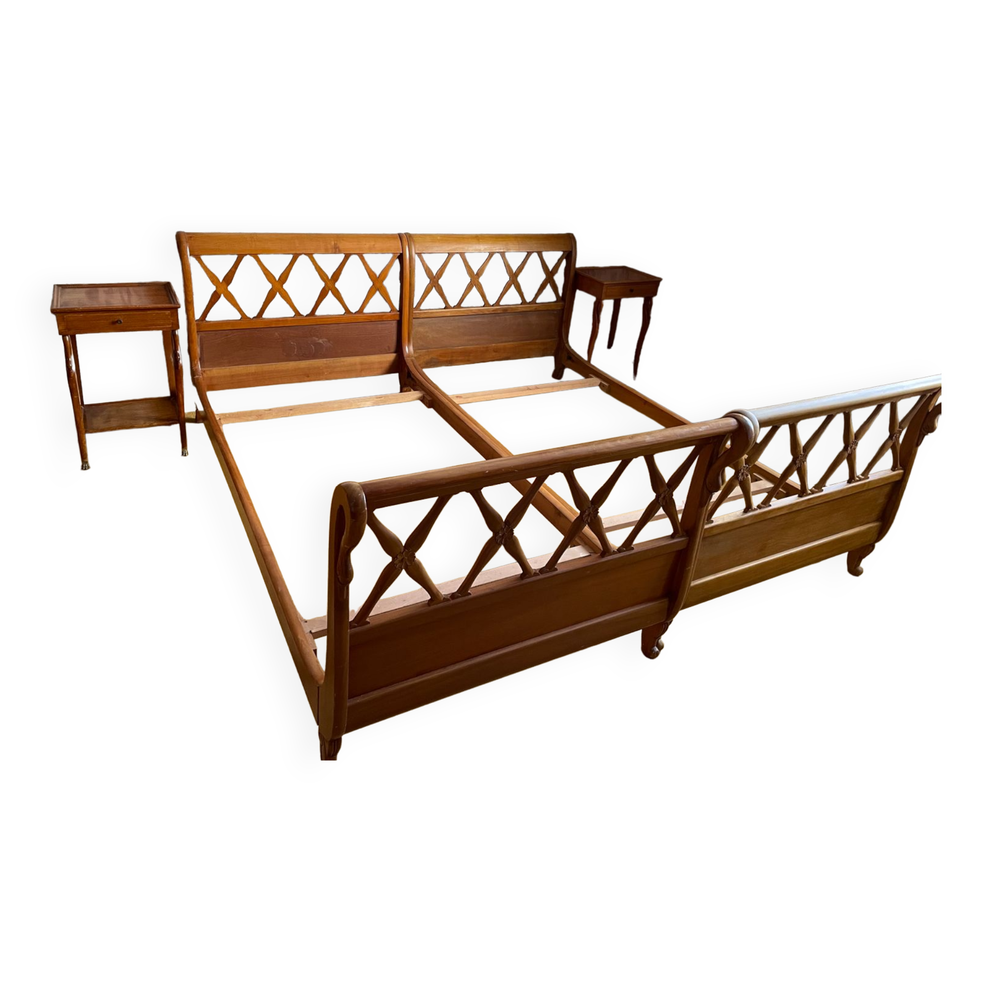 Pair of empire style swan neck beds and bedside tables