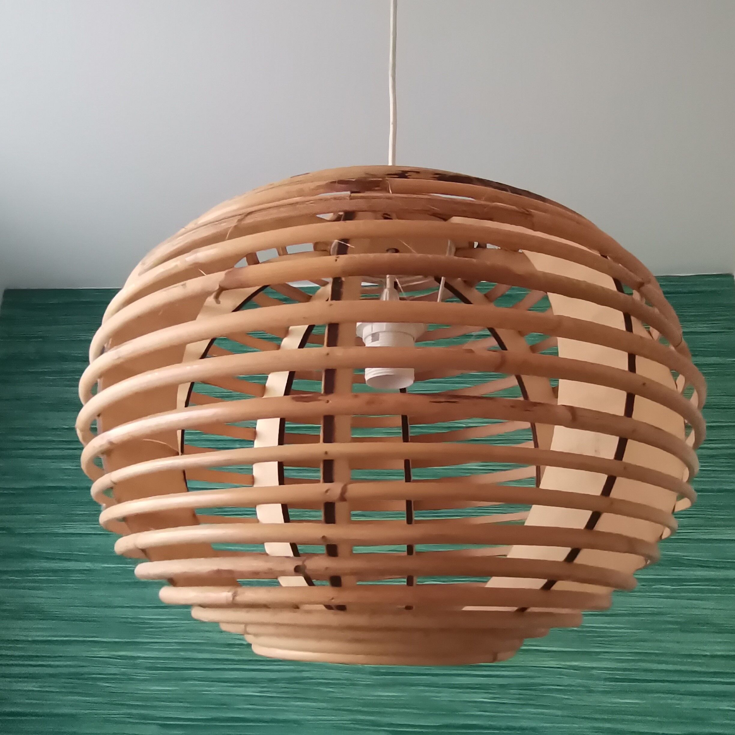 Portuguese mid century modern beige bamboo hanging lamp 1960s