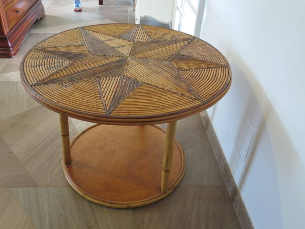 Table basse ronde bambou rotin et bois motif étoile années 80
