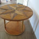 Round coffee table with bamboo, rattan and wood, star pattern, 80s