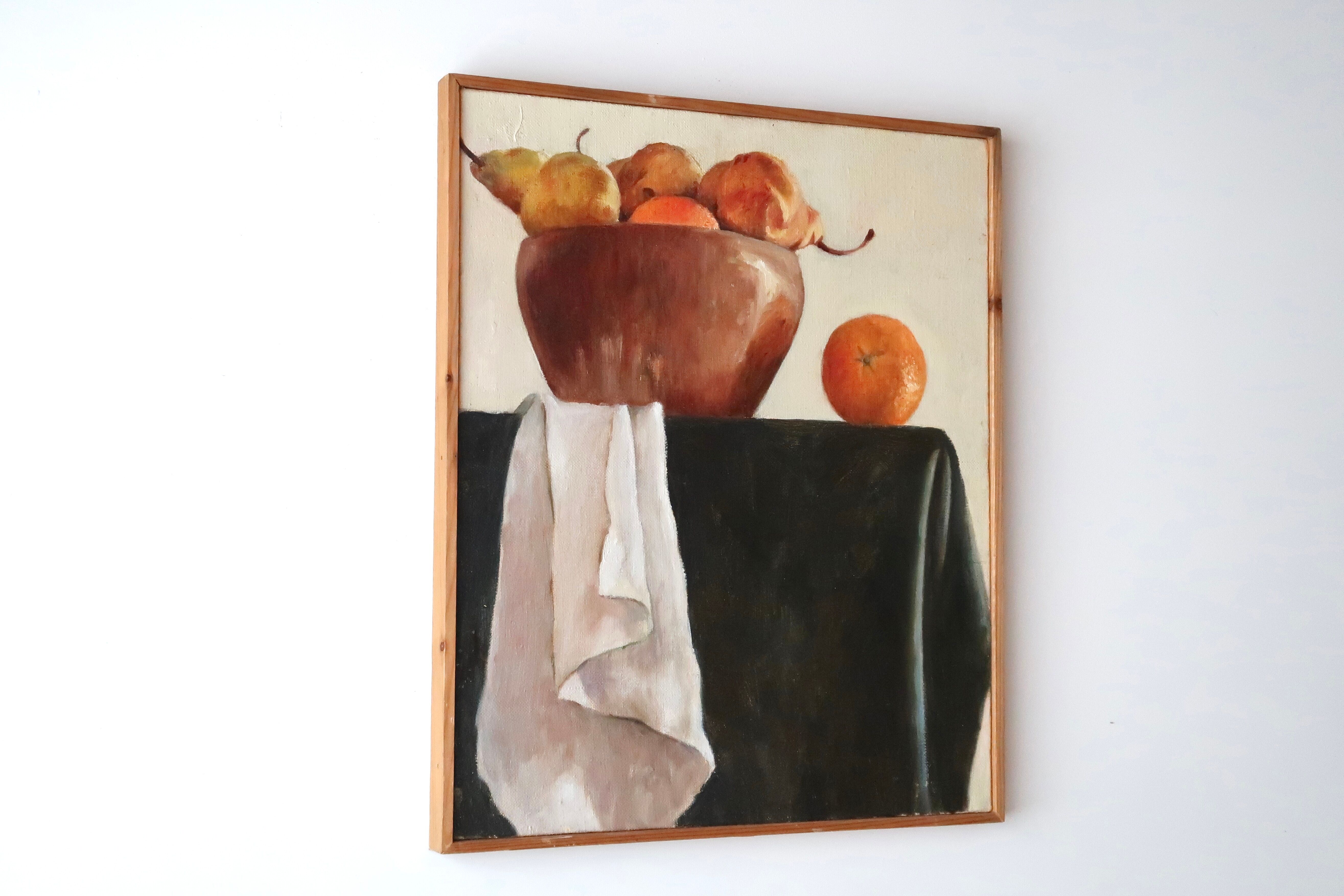 Painting, oil painting: Still life with fruit, 70s