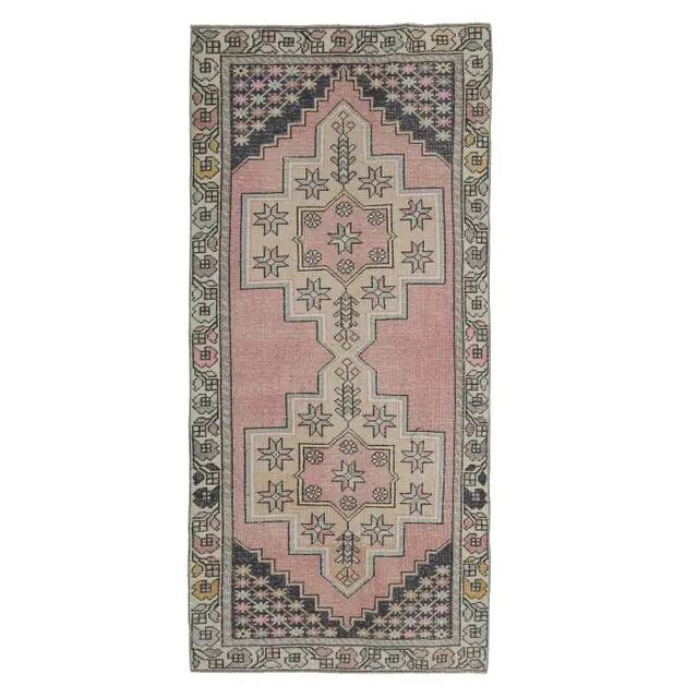 Vintage Turkish Oushak handmade wool cotton pink runner rug 117x254