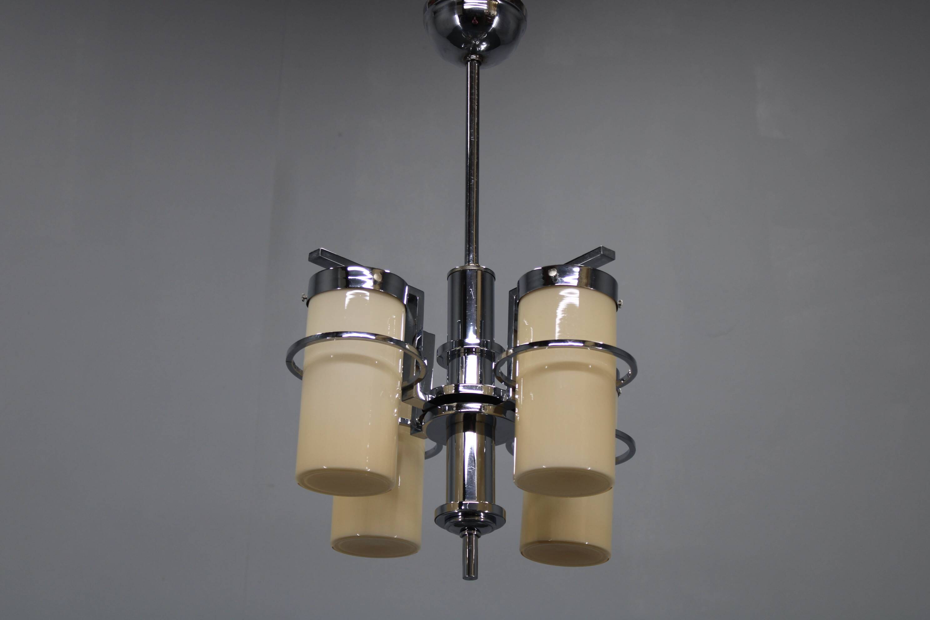 Restored Bauhaus/Art Deco chrome & glass chandelier, Czechoslovakia, 1930s