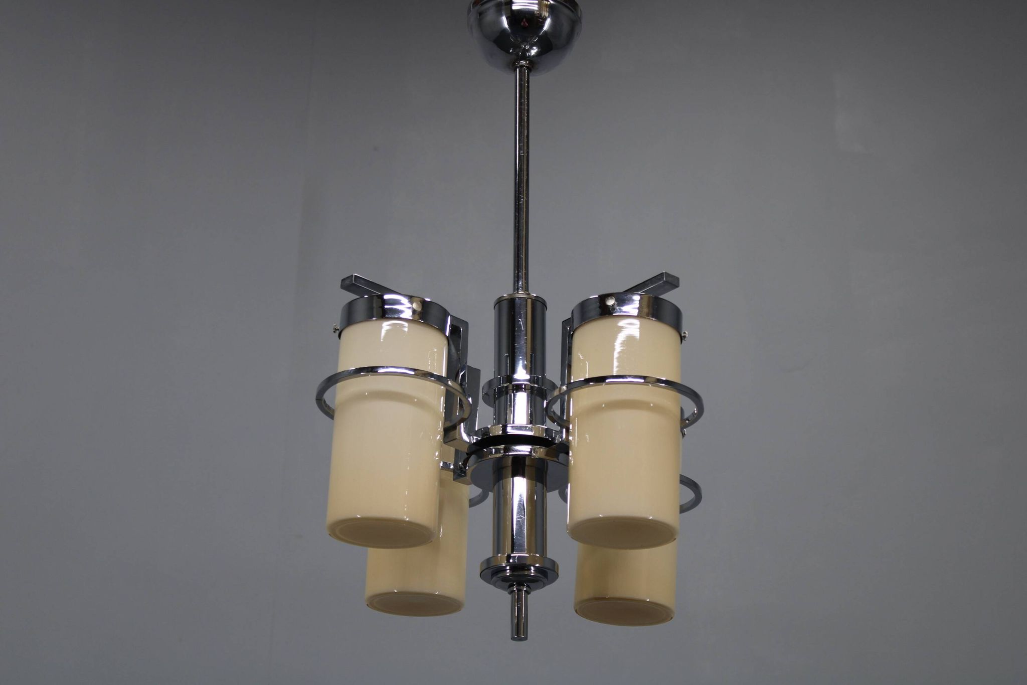 Restored Bauhaus/Art Deco chrome & glass chandelier, Czechoslovakia, 1930s