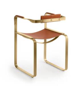 Armchair, Aged Brass Steel and Natural Tobacco Saddle Leather, Contemporary Style