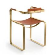 Armchair, Aged Brass Steel and Natural Tobacco Saddle Leather, Contemporary Style