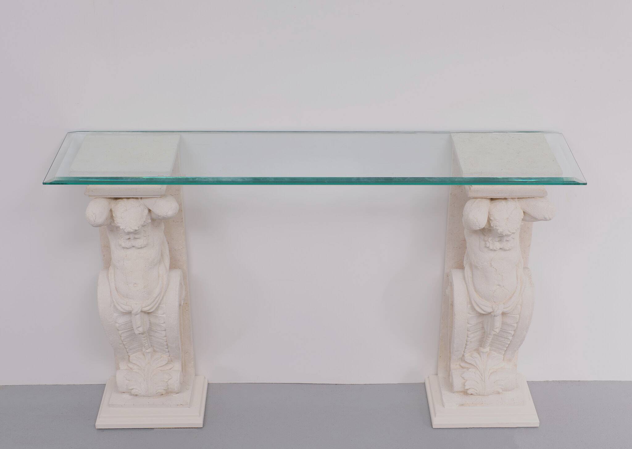 1970s Classic Greek Console Table with Cast Stone and Glass Top