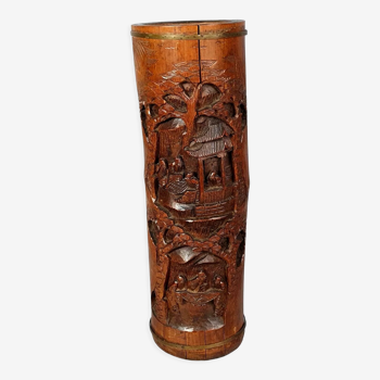 Ancien bitong pot à pinceaux bambou sculpté Chine 35x11 cm SB