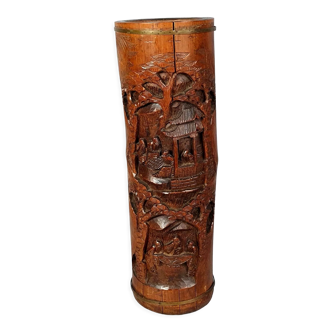 Ancien bitong pot à pinceaux bambou sculpté Chine 35x11 cm SB