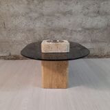 Coffee table with tray - travertine and glass - vintage.