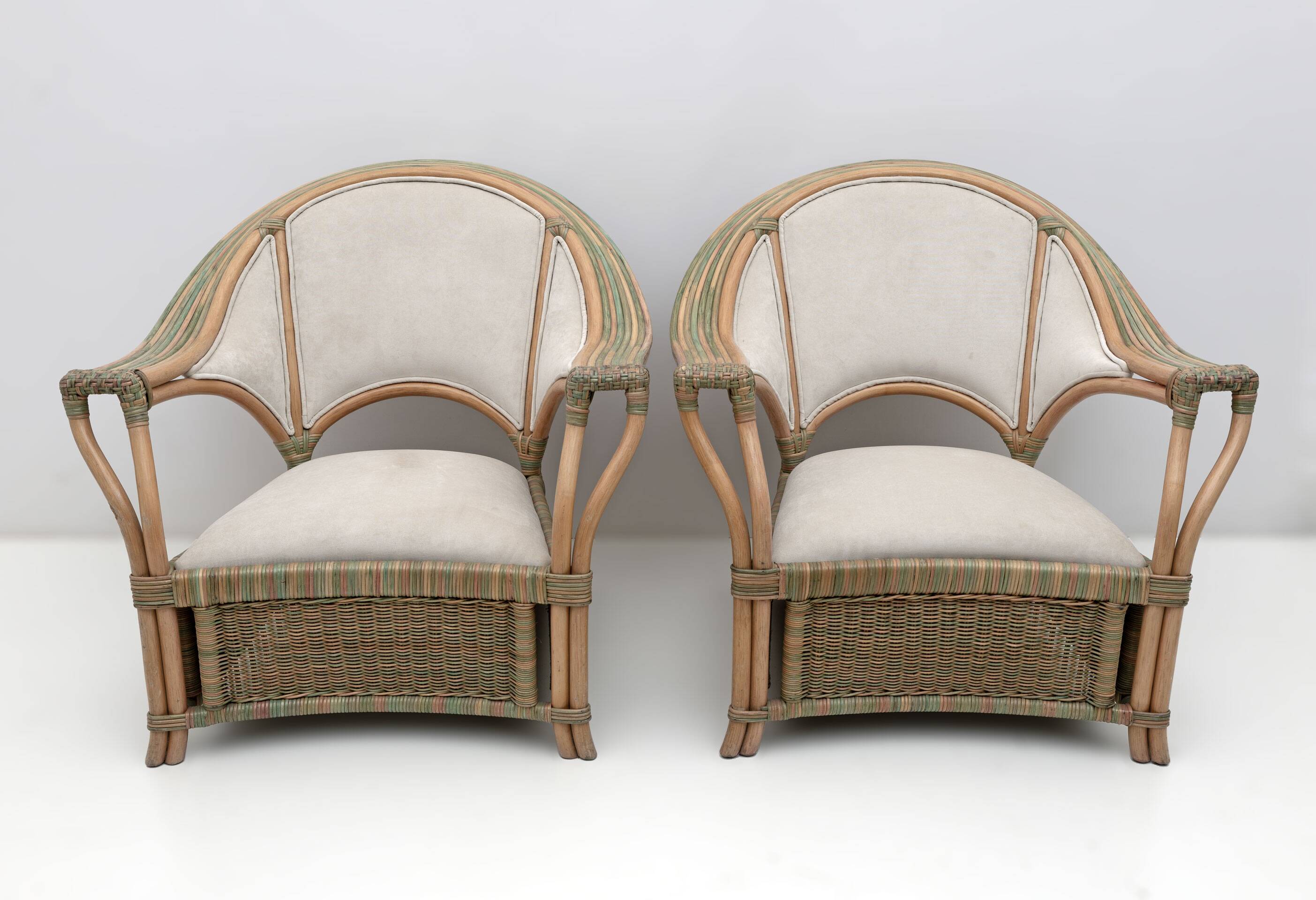 Mid-century Modern Italian Rattan and Wicker Two Armchairs and Sofa, 1970s