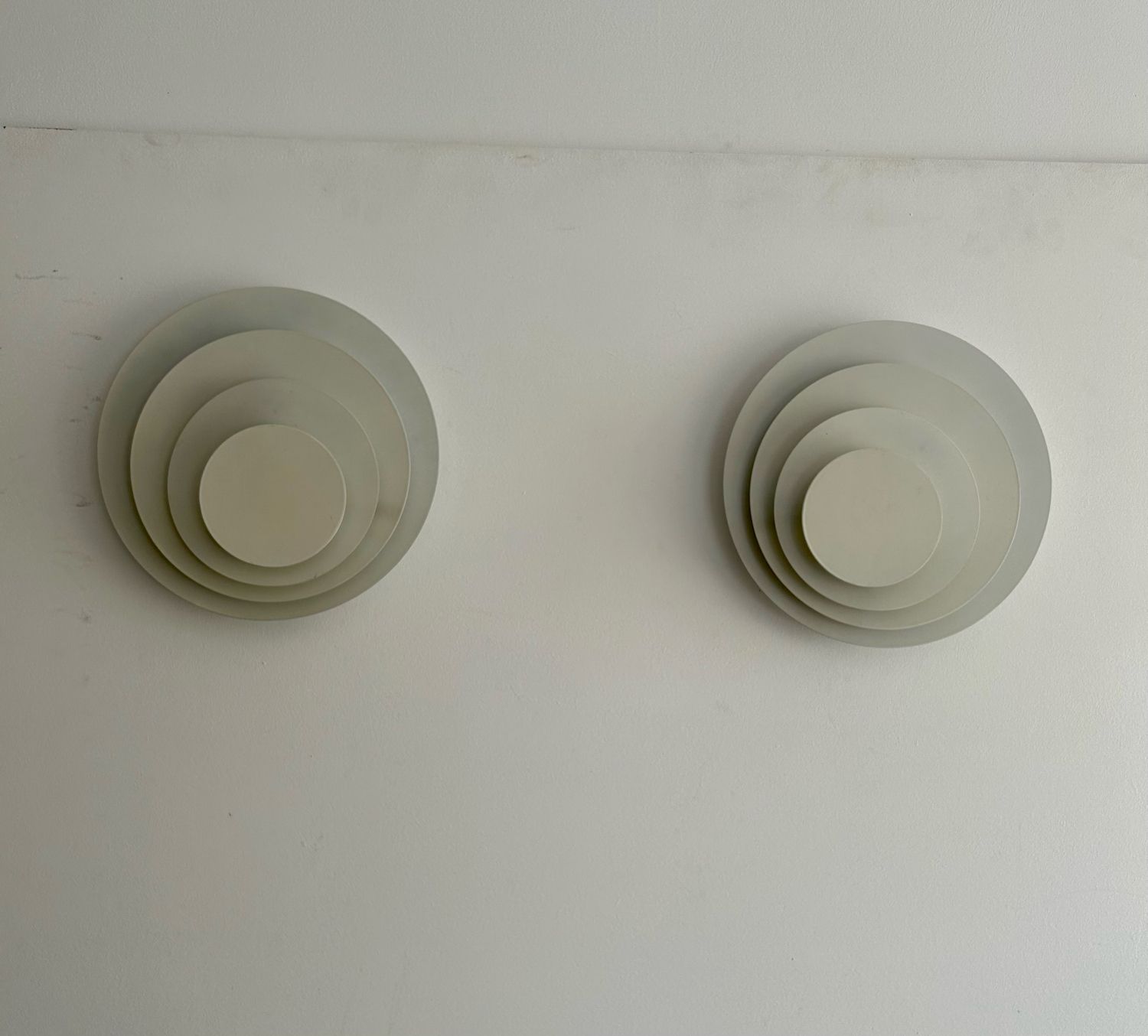 Pair of geometric vintage wall lamps, white lacquered metal, Germany 1970