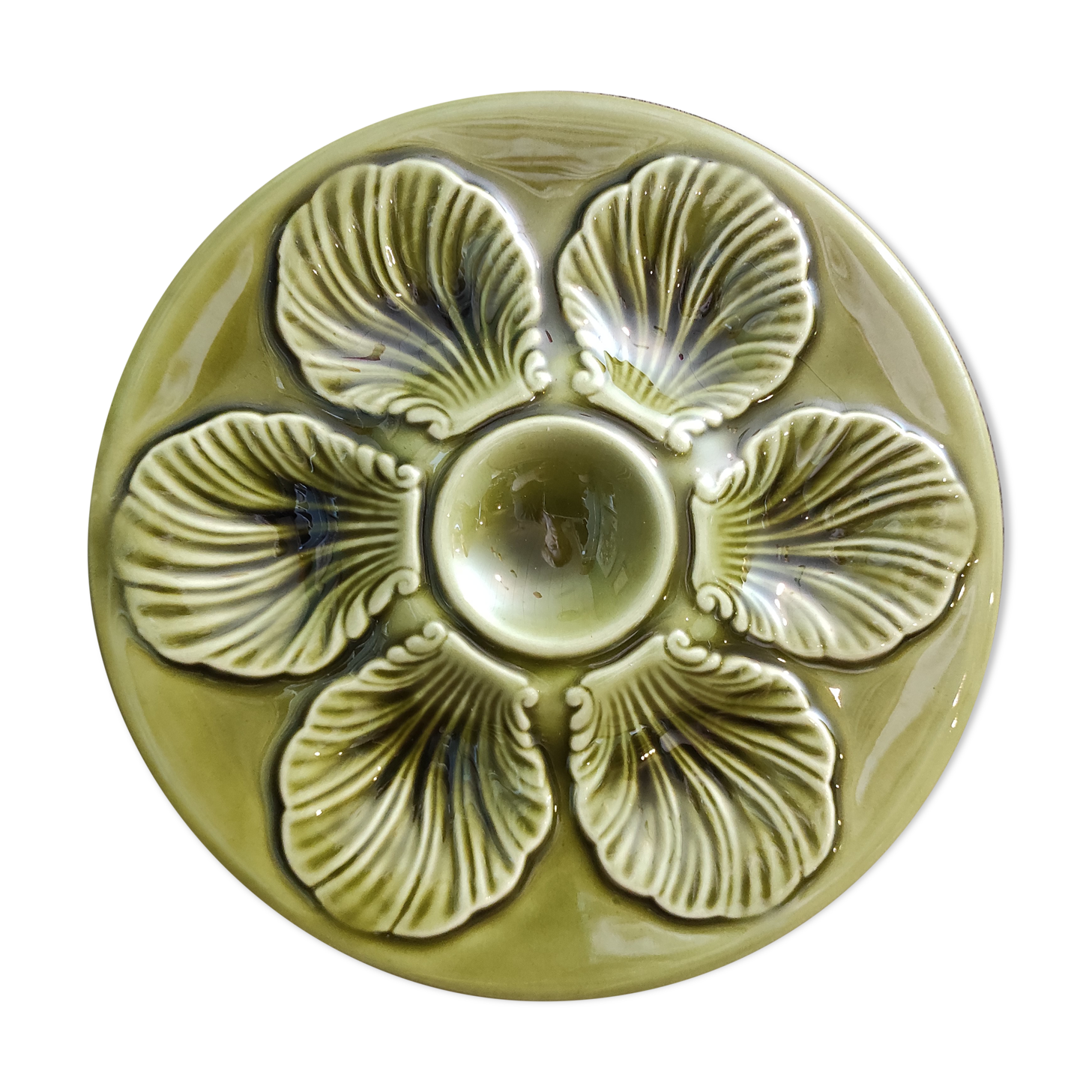 Vintage French Oyster Plate in grass green Majolica