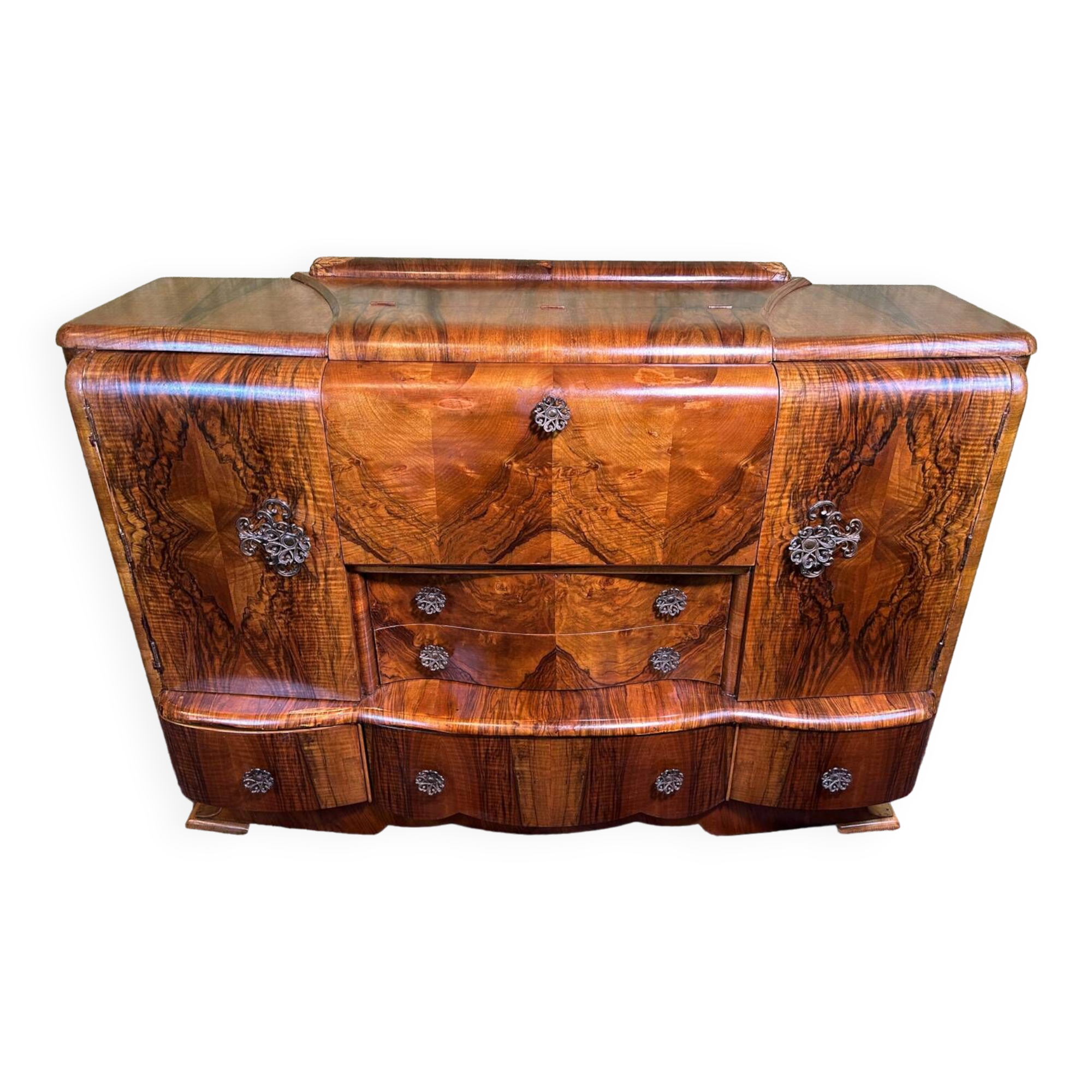 Art decó vintage Brocante burr walnut cocktail bar sideboard