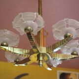 art deco suspension, 6-light Ezan glass globe chandelier, art deco bronze chandelier