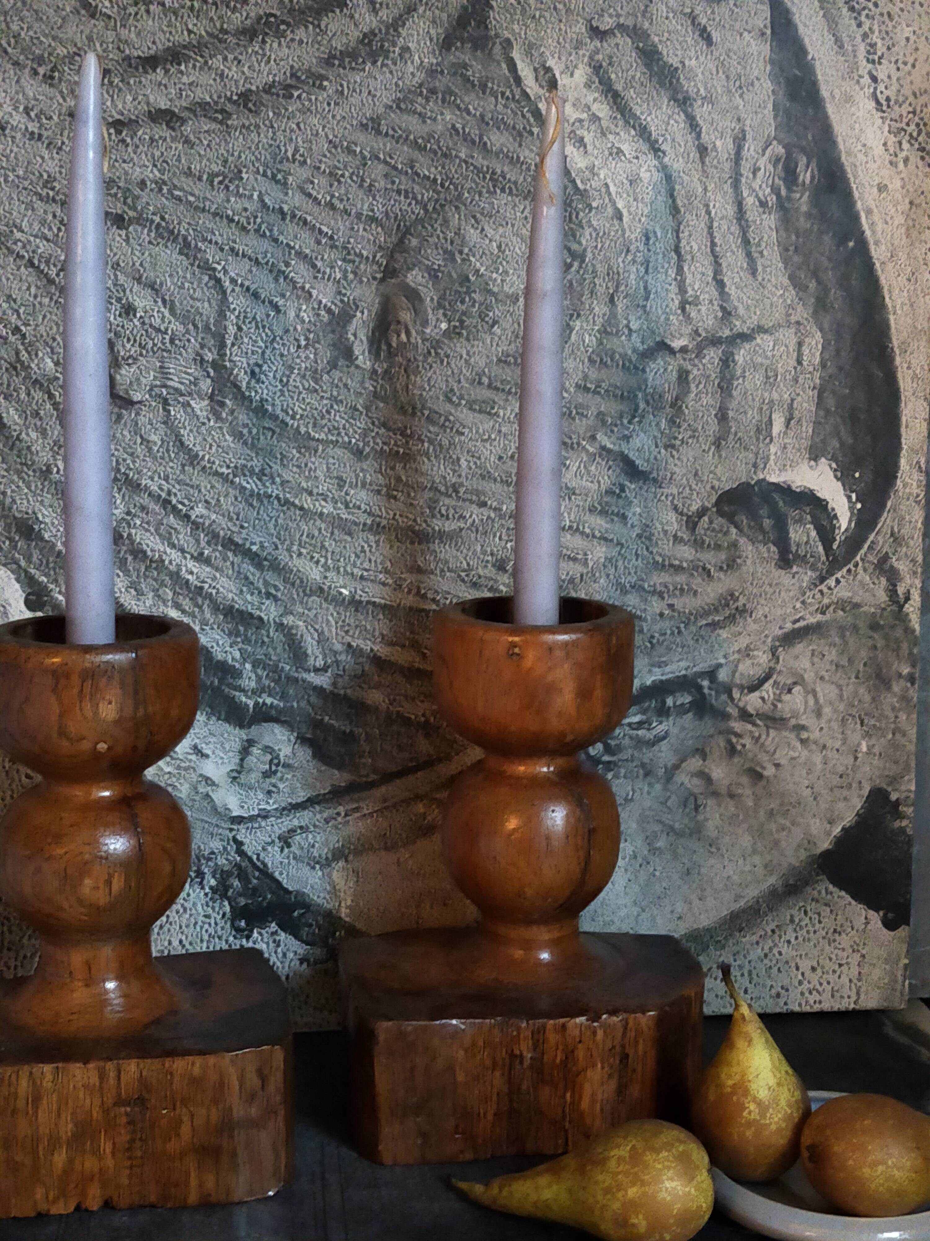 Pair of old brutalist turned solid wood candlesticks