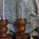 Pair of old brutalist turned solid wood candlesticks