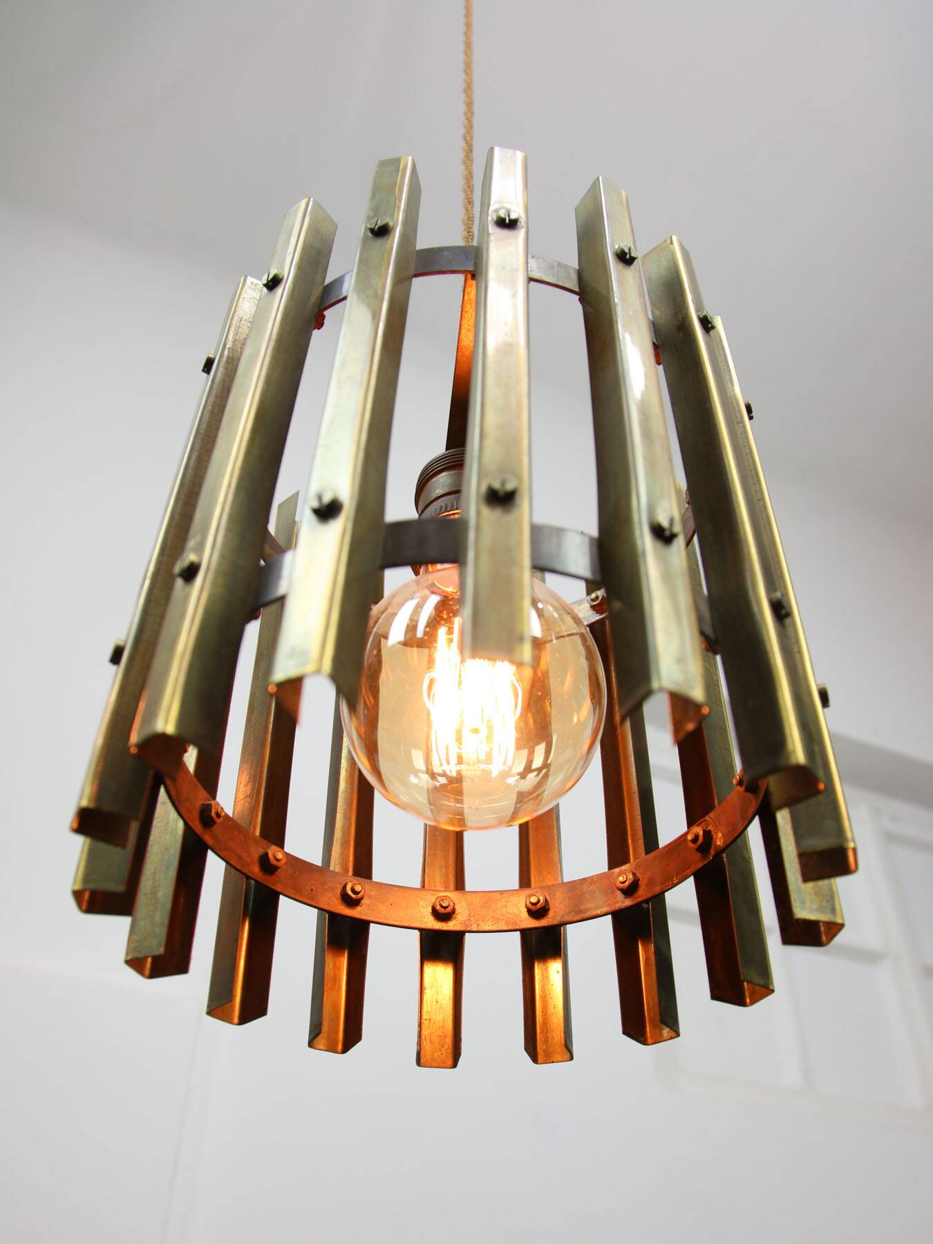 Vintage Italian Brass Cage Pendant Lamp, 70s