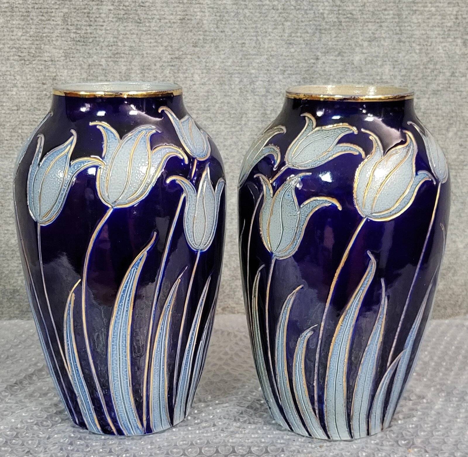 Alsace stoneware: pair of tulip vases signed Hubert Krumeich-Remmy