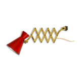 1950s brass extendable scissor wall lamp with aluminum diabolo shade in red